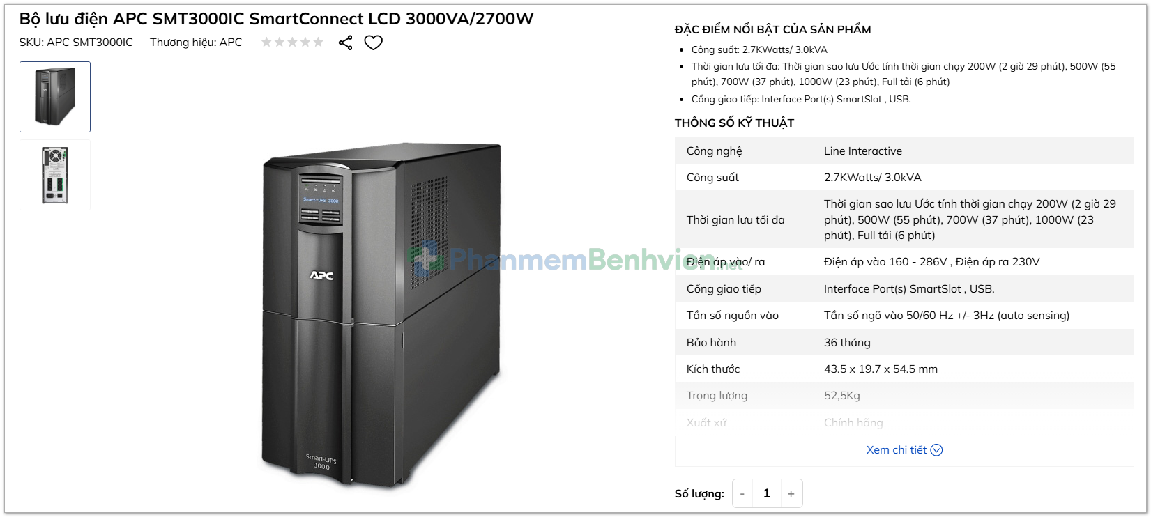 HỆ THỐNG LƯU ĐIỆN (UPS): APC 3000VA/2700W
