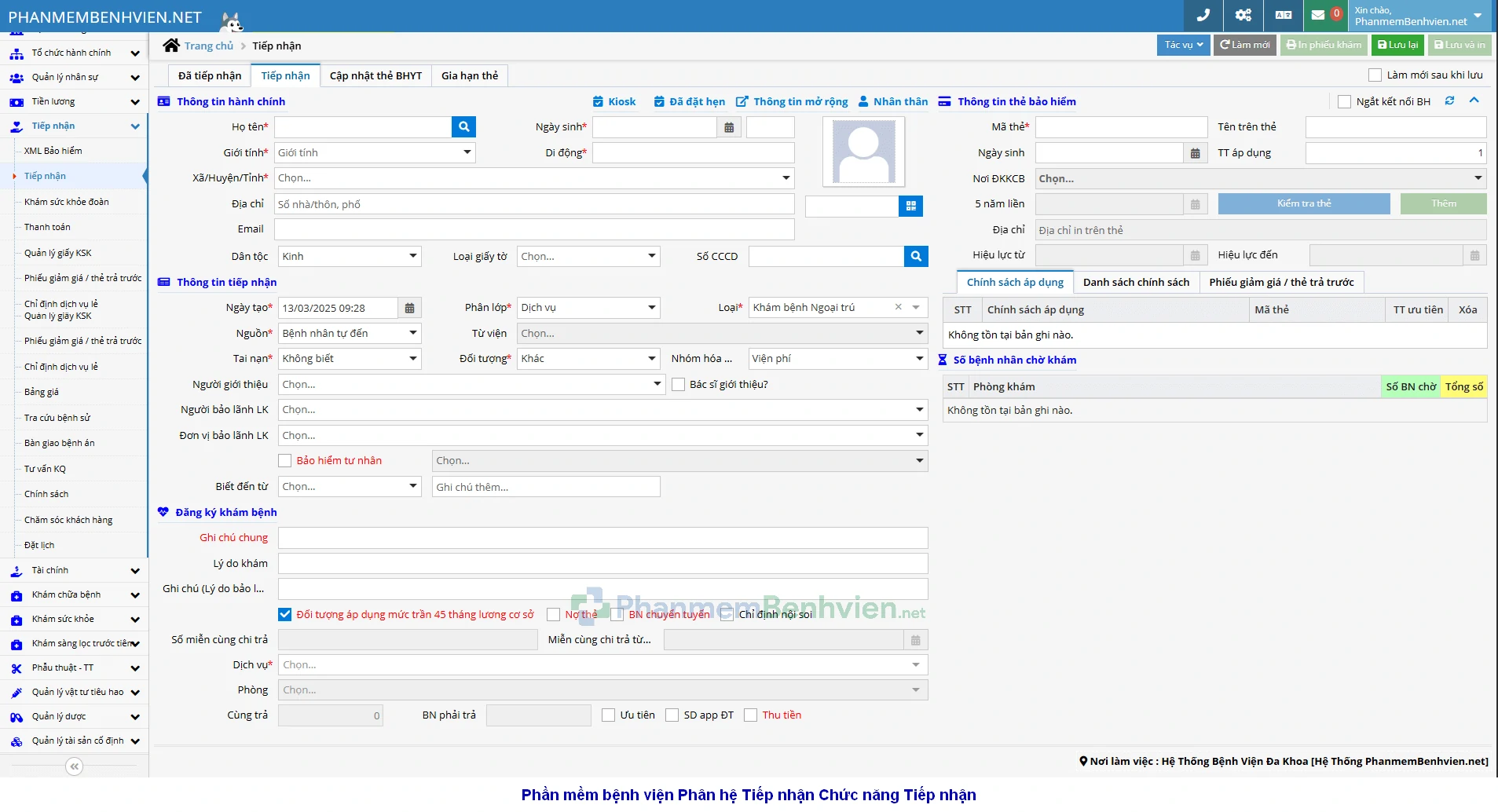 Giao diện màn hình Tiếp nhận bệnh nhân của phần mềm bệnh viện