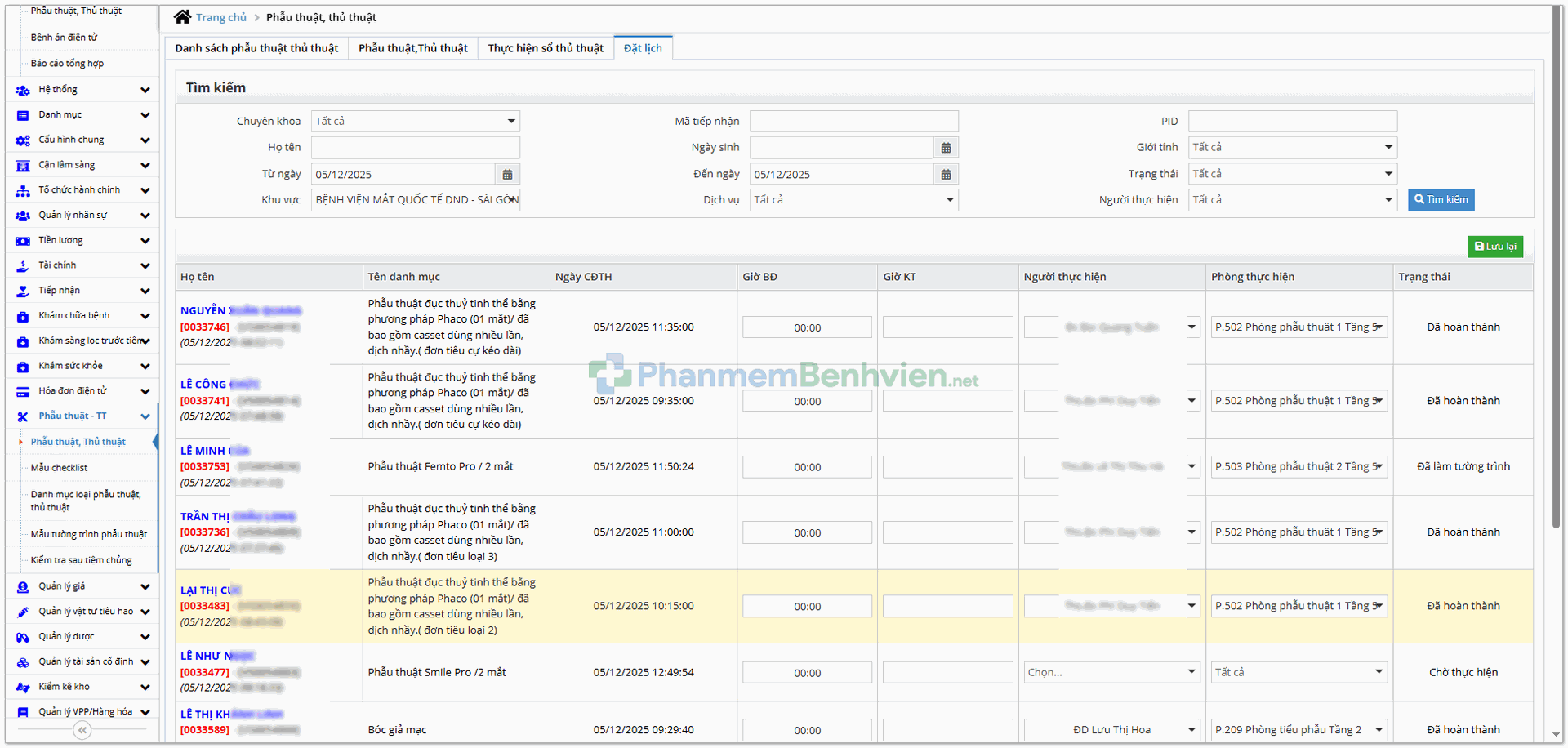 Quản lý lịch mổ theo loại phẫu thuật