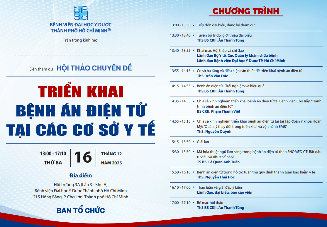 THƯ MỜI HỘI THẢO CHUYÊN ĐỀ: TRIỂN KHAI BỆNH ÁN ĐIỆN TỬ TẠI CÁC CƠ SỞ Y TẾ